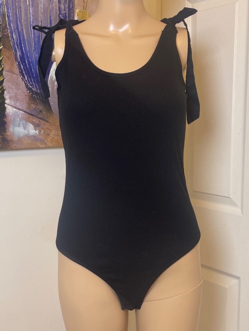 Old Navy Black Ribbed Tie-Shoulder Bodysuit